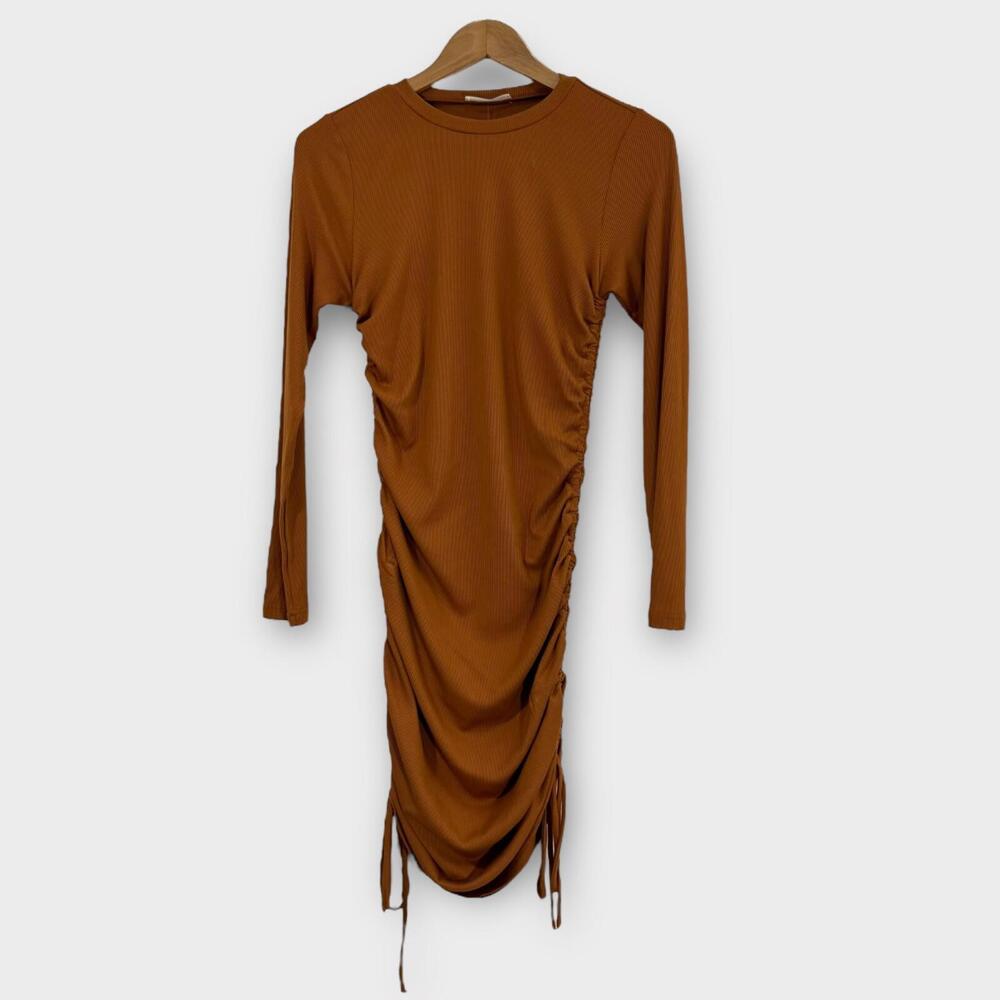 Illa Illa Women’s Size Medium Brown Ribbed Long Sleeve Drawstring Mini Dress